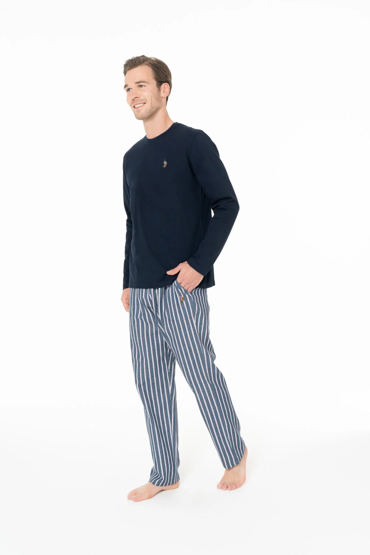 Lacivert Pamuklu Erkek Uzun Kollu Bisiklet Yaka Çizgili Pijama Takımı U.S. Polo Assn.