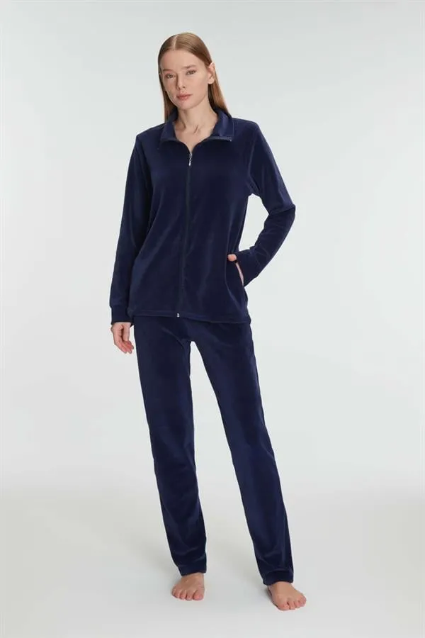 Lacivert Pamuklu Fermuarlı Sweatshirt Pantolon Pijama Takımı