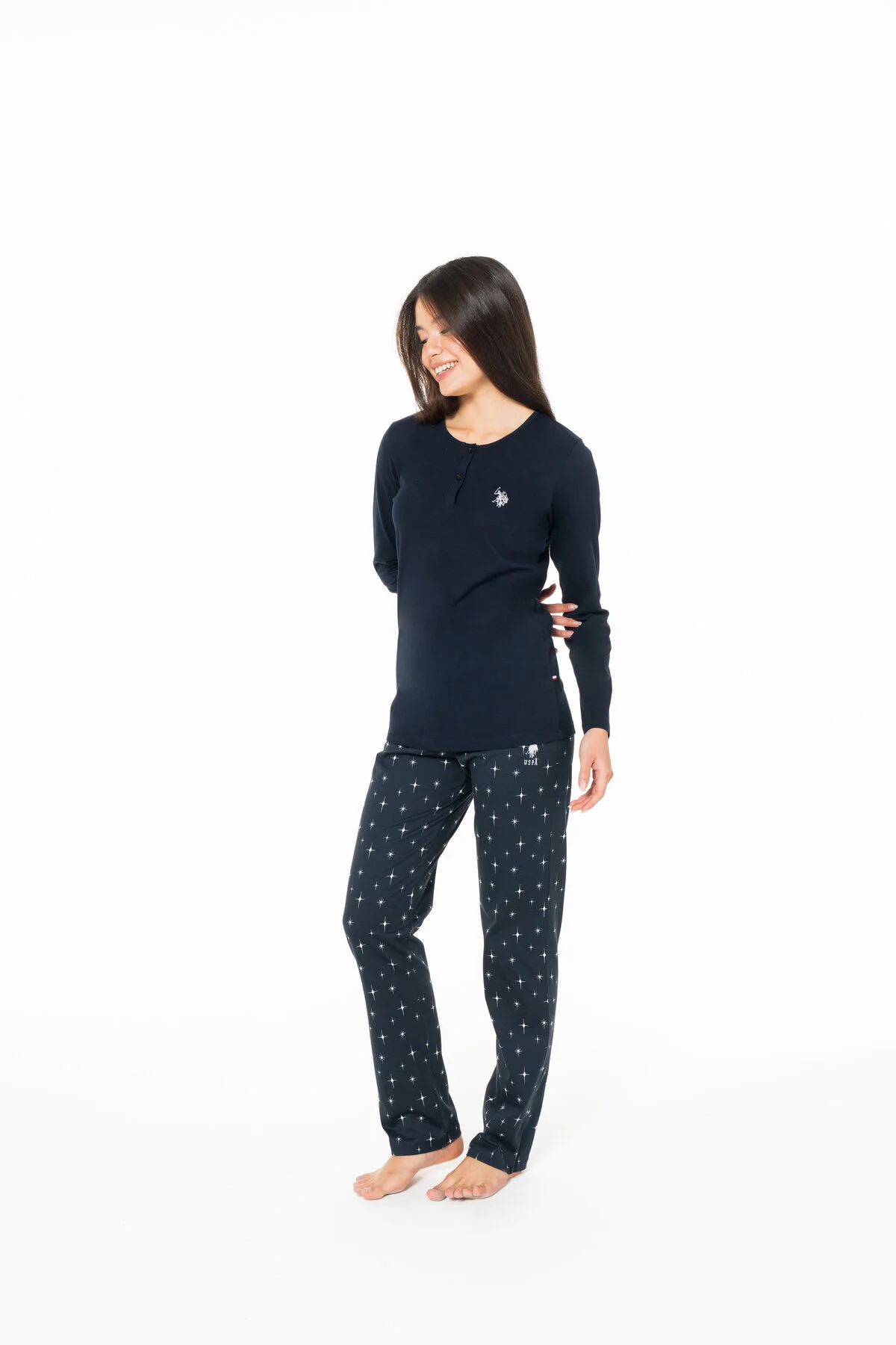 Lacivert Pamuklu Kadın Uzun Kollu Patlı Yaka Yıldız Desenli Pijama Takımı U.S. Polo Assn. 