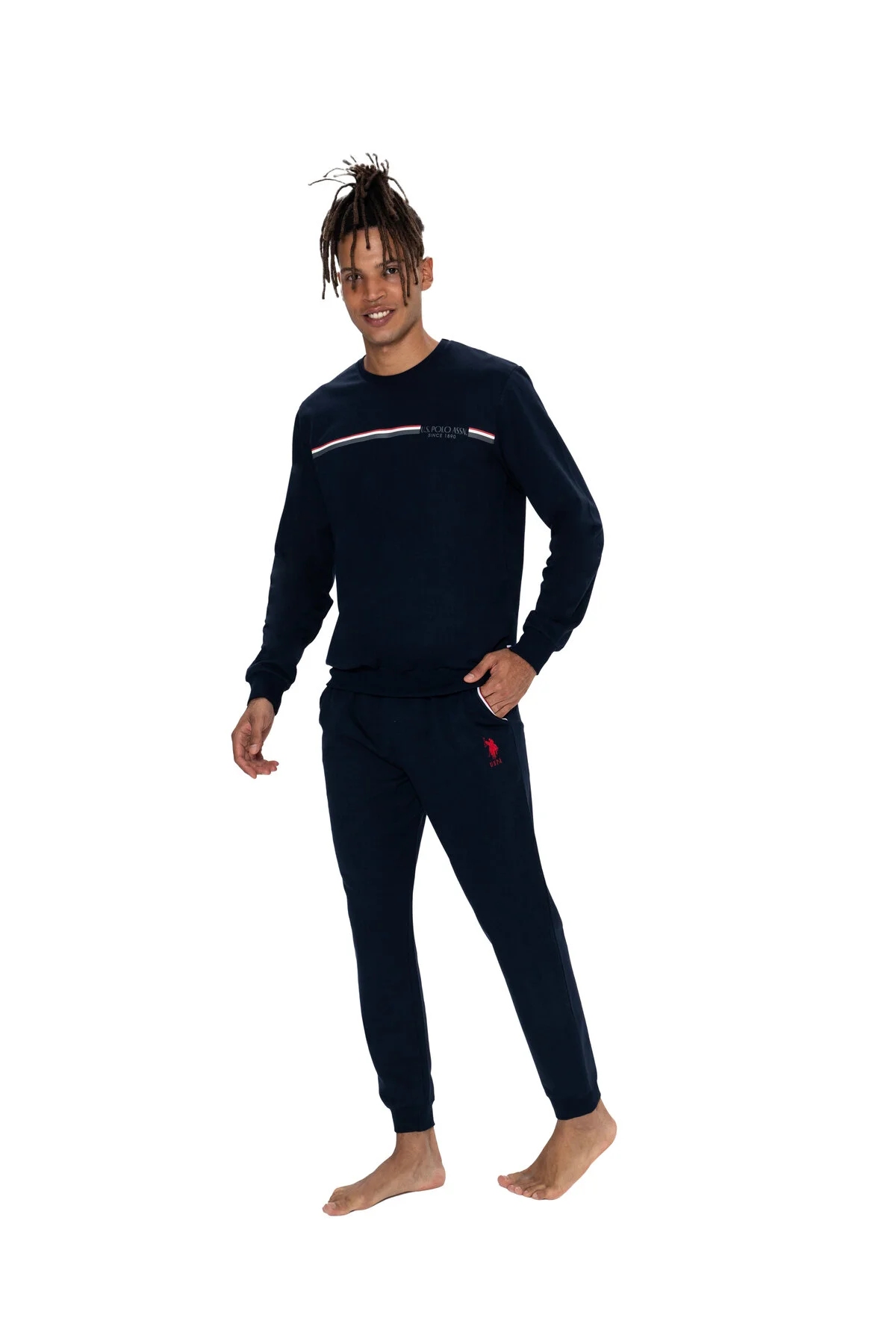 Lacivert Pamuklu Şerit Detaylı Bisiklet Yaka Erkek Pijama Takımı U.S. Polo Assn.