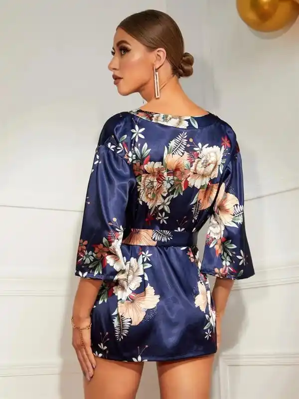 Lacivert Saten Kimono Kol Çiçek Desenli Kadın Sabahlık