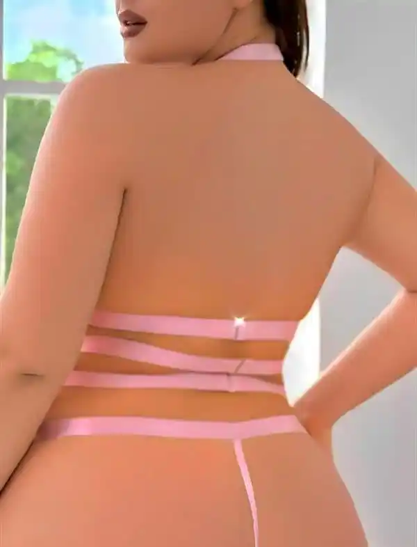 Pembe Dantel Boyun Bağlamalı Zincirli Fantezi Kadın Jartiyer Takımı