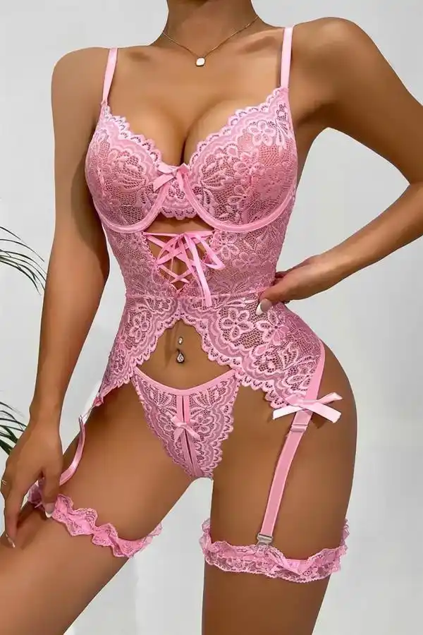 Pembe Dantel İnce Askılı Bağcık Detaylı Kadın Jartiyer Takımı