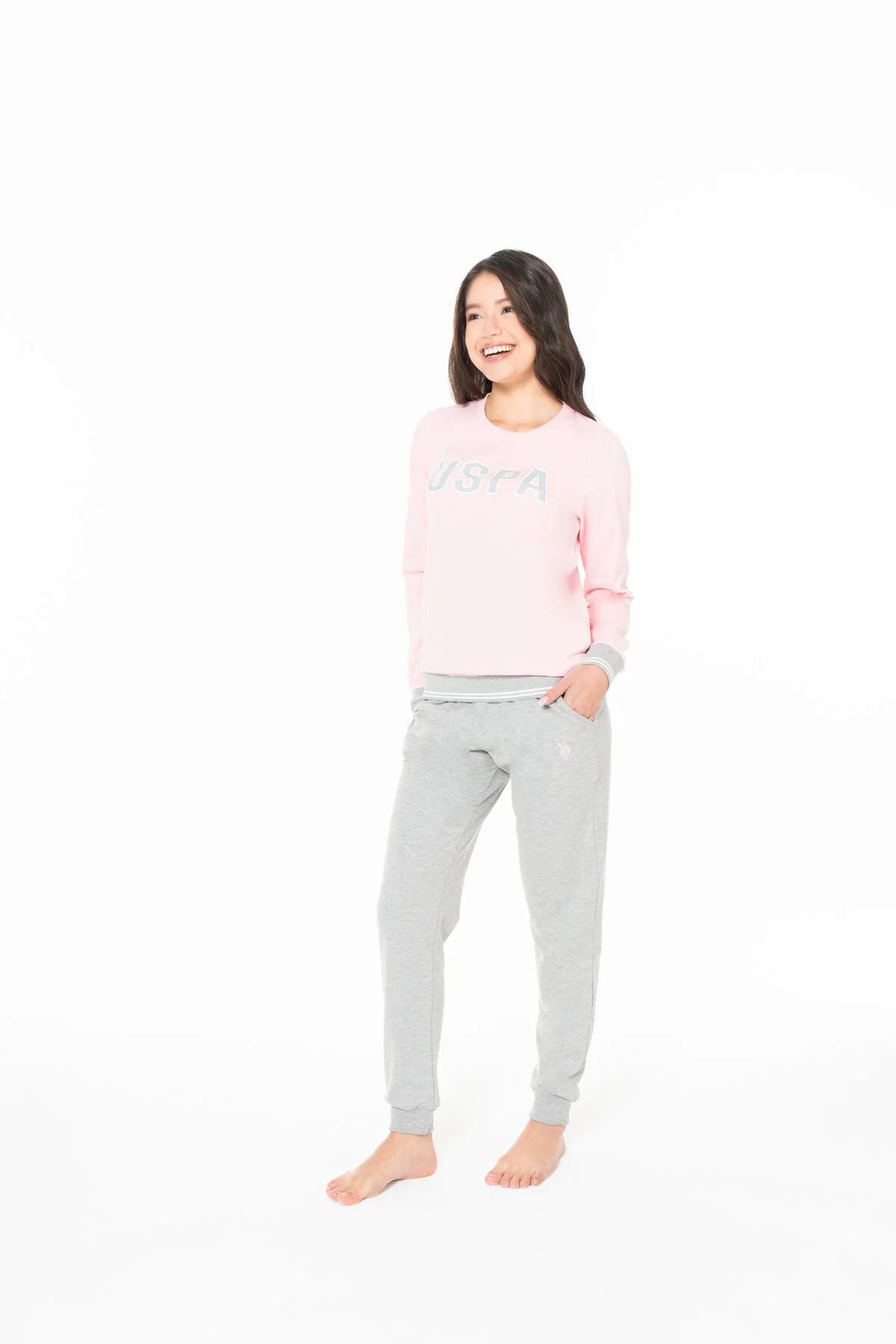 Pembe Gri Pamuklu Kadın Bisiklet Yaka Uzun Kollu Pijama Takımı U.S. Polo Assn. 