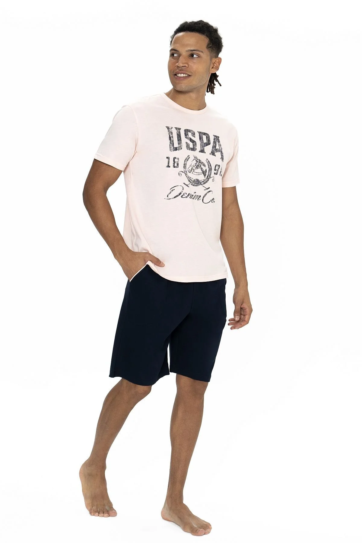 Pembe Pamuklu Baskılı Bisiklet Yaka Kısa Kollu Erkek Şortlu Pijama Takımı U.S. Polo Assn.