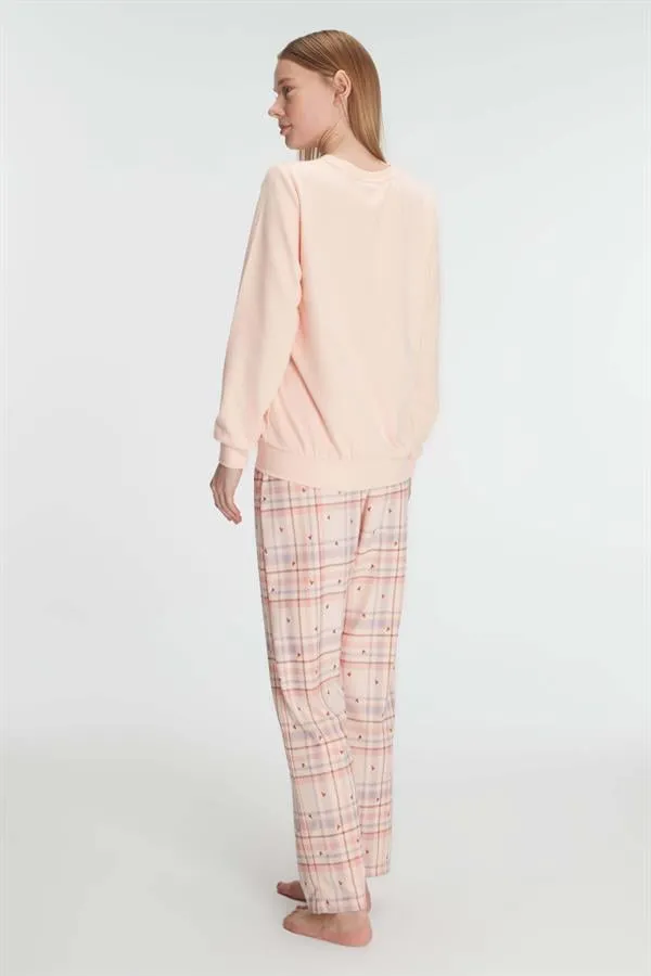 Pudra Pamuklu Uzun Kollu Ekose Desenli Kadın Pijama Takımı