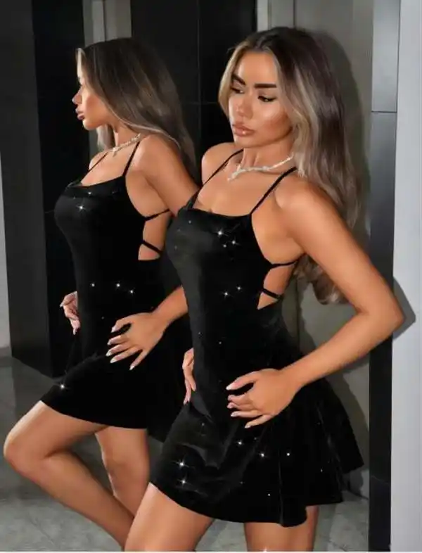 Siyah İnce Askılı Simli Sırt Dekolteli Kadın Mini Club Elbise 
