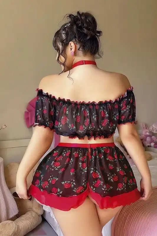 Siyah Tül Gül Desenli Düşük Omuz Kadın Etekli Büstiyer Takımı
