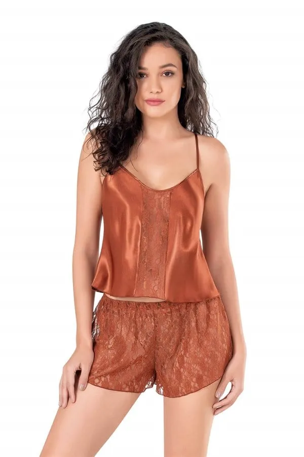 Tarçın  Saten Dantel Detaylı Kadın İp Askılı Şortlu Pijama Takımı 