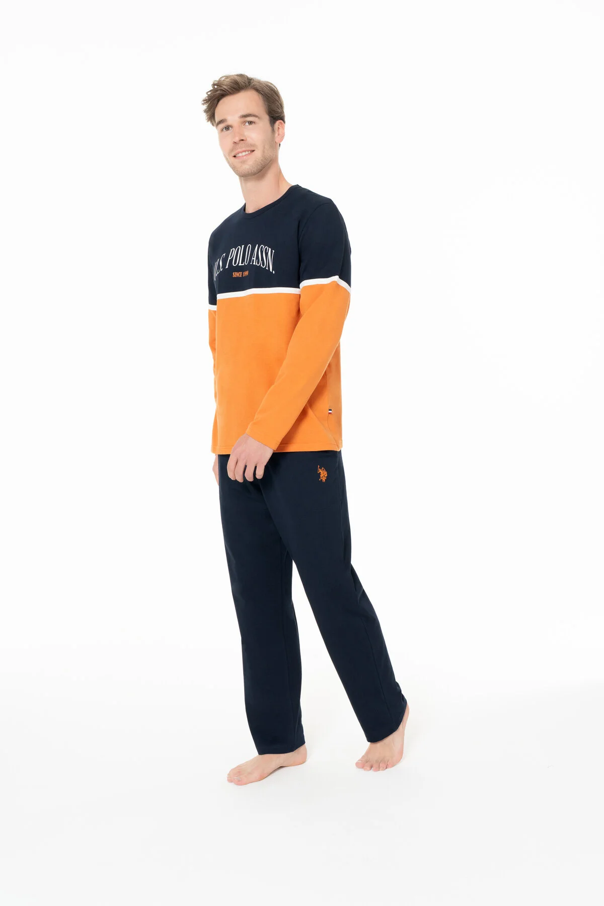 Turuncu Pamuklu Erkek Uzun Kollu Bisiklet Yaka Pijama Takımı U.S. Polo Assn.