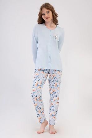  Kadın Büyük Beden Açık Maci Çiçek Desenli Düğmeli Uzun Kollu Pijama Takım