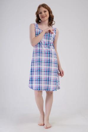  Kadın Süprem Mavi Ekoseli Oval Yaka Kalın Askılı Gecelik