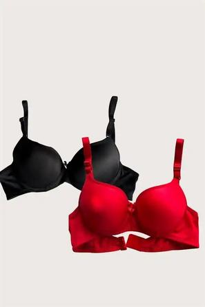 2 li Askılı Mikro Kumaş İçi Boş Balenli Günlük Desteksiz Sütyen Seti Siyah Kırmızı