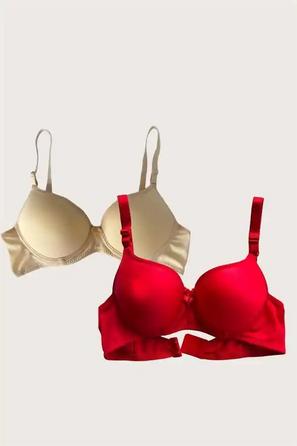 2 li Askılı Mikro Kumaş Push Up Dolgulu Balenli Günlük Destekli Sütyen Seti Ten Kırmızı