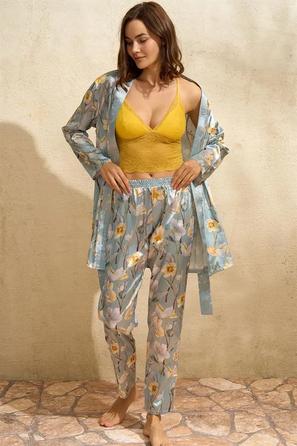 Açık Mavi Saten Çiçek Baskılı Dantel Detaylı Kadın 3lü Sabahlık Bralet ve Pantolon Pijama Takımı