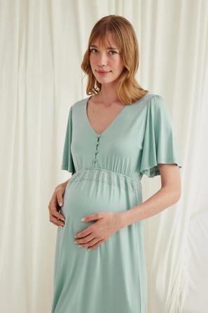 Dantelli Önü Düğmeli Açık Yeşil Hamile Lohusa Gecelik