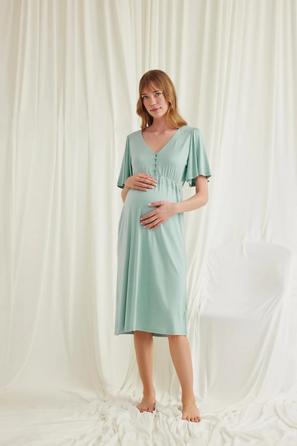 Dantelli Önü Düğmeli Açık Yeşil Hamile Lohusa Gecelik