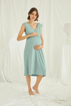 Açık Yeşil Önü Düğmeli Dantelli Hamile ve Lohusa Gecelik