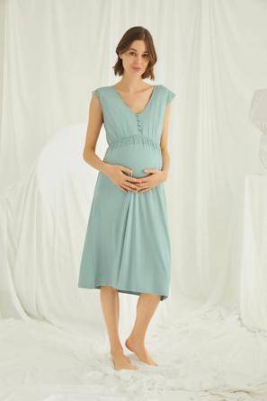 Açık Yeşil Önü Düğmeli Dantelli Hamile ve Lohusa Gecelik
