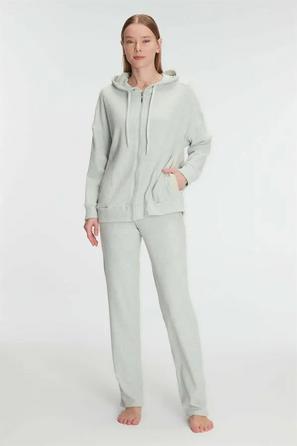 Açık Yeşil Pamuklu Kapüşonlu Fermuarlı Ev Giyim Pijama Takımı