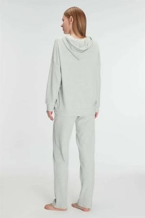 Açık Yeşil Pamuklu Kapüşonlu Fermuarlı Ev Giyim Pijama Takımı