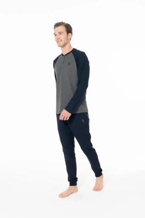 Antrasit Melanj Lacivert Pamuklu Erkek Uzun Kollu Patlı Yaka Battal Pijama Takımı U.S. Polo Assn.