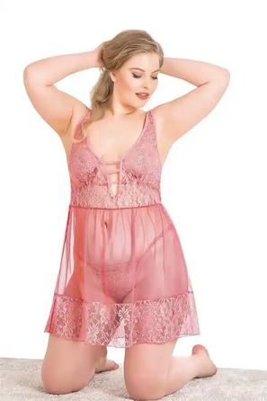 Mercan Dantel Askılı Büyük Beden Kadın Fantezi Kısa Tül Gecelik 