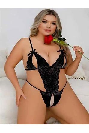 Arias Closet Büyük Beden Siyah Dantel İşlemeli Dekolteli Fantezi Babydoll