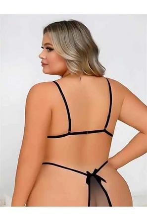 Arias Closet Büyük Beden Siyah Dantel İşlemeli Dekolteli Fantezi Babydoll