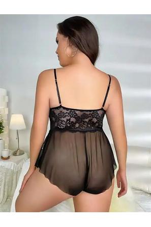 Arias Closet Büyük Beden Siyah Dantel İşlemeli Fırfırlı Fantezi Babydoll