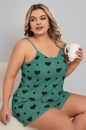 Arias Closet Büyük Beden Yeşil Kalp Desen Pamuklu Şortlu Pijama Takımı