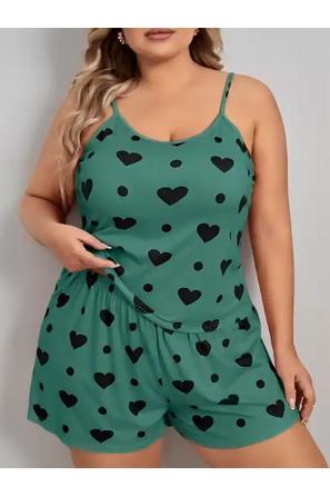 Arias Closet Büyük Beden Yeşil Kalp Desen Pamuklu Şortlu Pijama Takımı