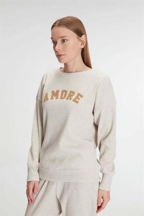 Bej Pamuklu Uzun Kollu Baskılı Kadın Pijama Takımı