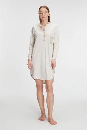 Bej Pamuklu Uzun Kollu Ekose Detaylı Kadın Gecelik