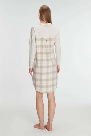 Bej Pamuklu Uzun Kollu Ekose Detaylı Kadın Gecelik