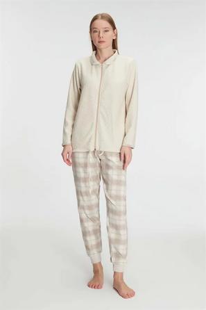 Bej Viskon Pamuklu Ekose Detaylı Fermuarlı Uzun Kollu Kadın Pijama Takımı