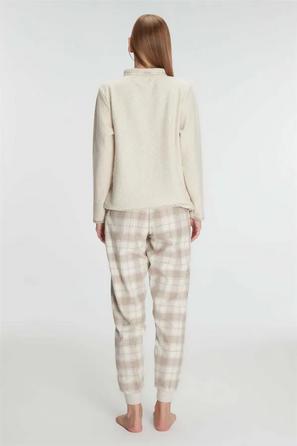 Bej Viskon Pamuklu Ekose Detaylı Fermuarlı Uzun Kollu Kadın Pijama Takımı
