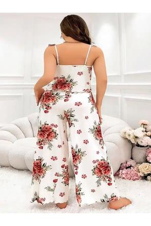 Beyaz İnce Askılı Gül Desenli Salaş Büyük Beden 2 li Pijama Takımı 
