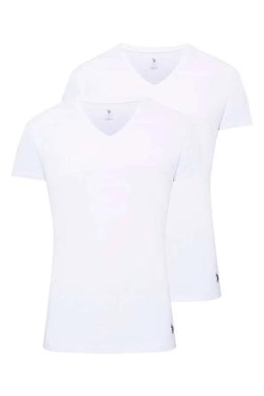 Beyaz Pamuk Karışımlı Düz Erkek V Yaka Kısa Kollu 2'li Fanila U.S. Polo Assn. 