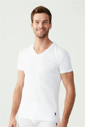 Beyaz Pamuk Karışımlı Düz Erkek V Yaka Kısa Kollu 2'li Fanila U.S. Polo Assn. 