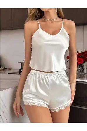 Beyaz Saten İnce Askılı Dantel Detaylı Kadın Şortlu Pijama Takımı