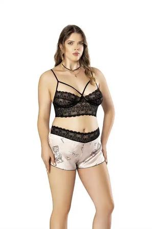 Beyaz Saten İnce Askılı Dantel Detaylı Şirin Desenli Kadın Büyük Beden Şortlu Takım