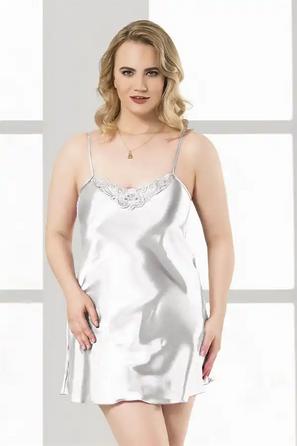 Beyaz Saten İnce Askılı Dantelli Kadın Fantezi Kısa Gecelik 