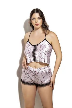 Beyaz Saten Kısa Kollu Öpücük Desenli Kadın Büyük Beden Şortlu Takım