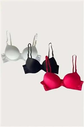 Beyaz Siyah Kırmızı 3 lü Mikro Kumaş Push Up Dolgulu Balenli Günlük Destekli Sütyen