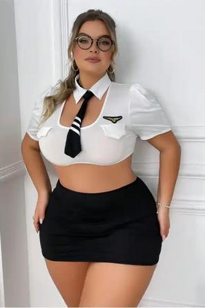 Beyaz Siyah Kısa Kollu Kravat Detaylı Kadın Etekli Havacı Kostüm