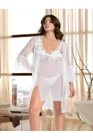 Beyaz Tül İnce Askılı Dantel İşlemeli Transparan Yırtmaçlı Fantezi Kadın 2 li Gecelik Takımı 