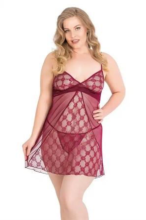 Bordo Dantel Desenli İp Askılı Büyük Beden Fantezi Kısa Tül Gecelik