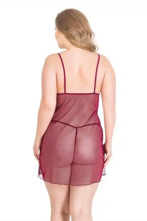 Bordo Dantel Desenli İp Askılı Büyük Beden Fantezi Kısa Tül Gecelik