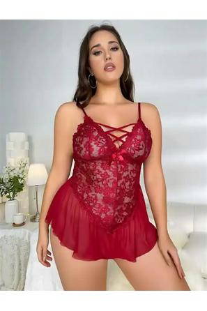 Bordo Dantel Tül Göğüs İp Detaylı Fırfır Etekli Kadın Fantezi Babydoll
